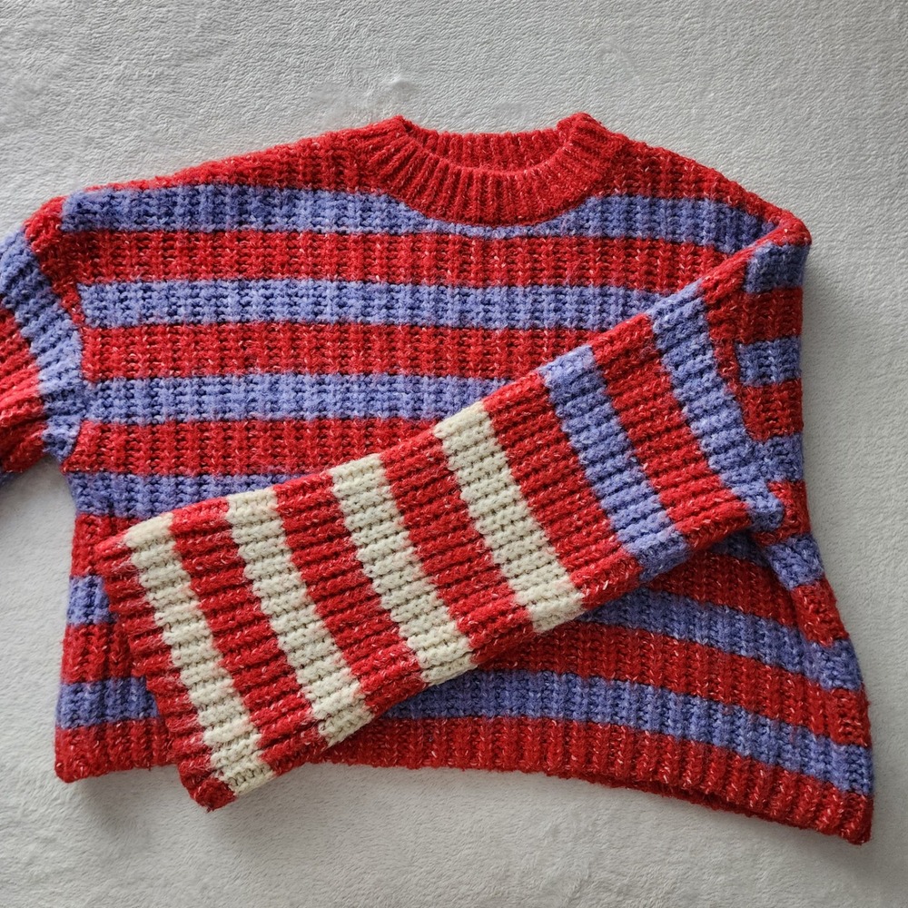 Striped Chunky Knit Sweater Womens Medium Red Purple Cropped Grunge Wool Blend - Picture 10 of 11
